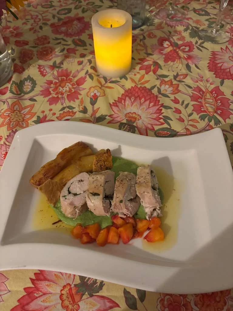 Plated dinner with stuffed meat, green puree and roasted potatoes